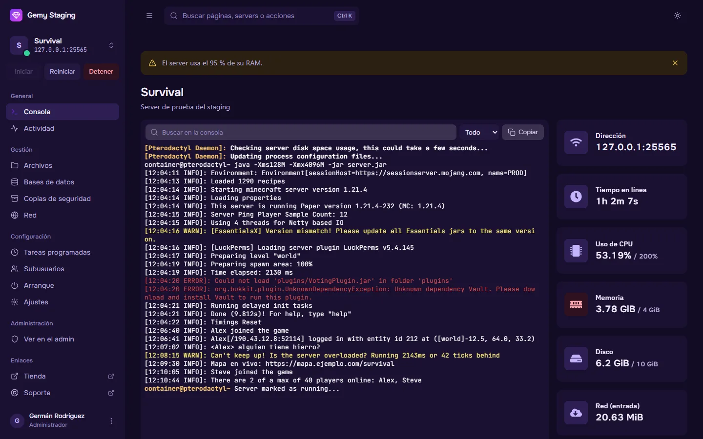 Consola de un server con el theme